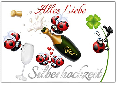 BREITENWERK A4 XXL Karte SILBERHOCHZEIT MARIENKÄFER mit Umschlag - lustige Klappkarte zum 25 Hochzeitstag - Silberne Hochzeit Glückwunschkarte