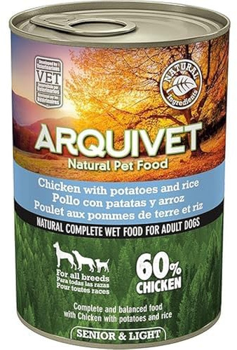 ARQUIVET Latas de Pollo con Patatas y arroz con Aceite de salmón - Pack 6 Unidades x 400 gr - Comida húmeda para Perros - para Perros Senior, Todo Tipo de Razas