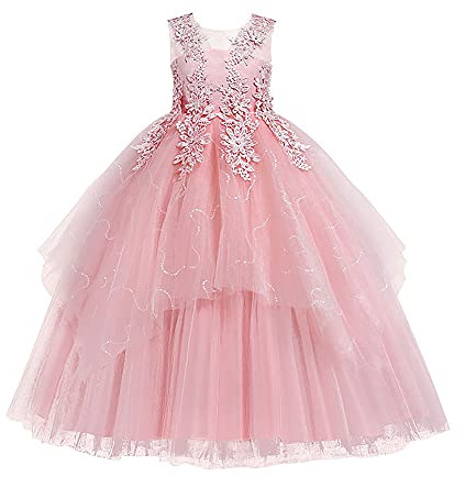 Flower Girl Dresses for Wedding Sleeveless Floral Lace Princess Tulle Tutu Big Little Girls Junior Bridesmaid Dresses First Communion Pageant Birthday Christmas Party Maxi Prom Gown Pink 9-10 Years