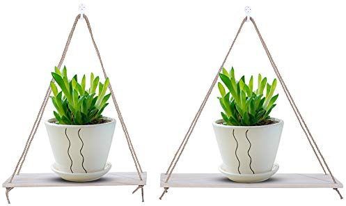 2Pcs Wandregal Holz Hängeregal mit Seil,Blumenschaukel Praktische Regale Regal Wand Boho Deko Hängendes Wandschaukel Schweberegale Rustikale Holz Hängeregale Swing Seil für Wohnzimmer,Büro