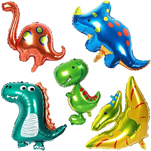 3D Giant Dinosaur Foil Balloons - 5 Pack Jumbo T-Rex Triceratops Inflatable With Helium/Air for Jurassic Theme Birthday Party Supplies, Baby Shower Boys Girls
