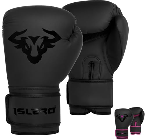 Islero Fitness matt svarta barn boxningshandskar boxningssäck rosa flicka junior MMA muay thai pojke kampsport sparring träning slåss (svart, 113 ml)