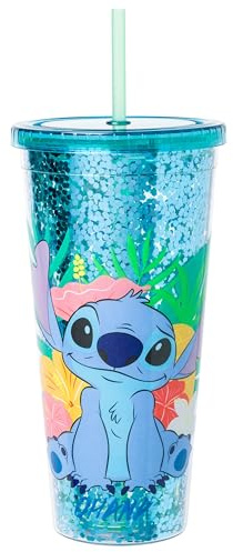 Silver Buffalo Disney Lilo et Stitch Ohana Tasse à confettis en plastique avec couvercle et paille, 946 ml