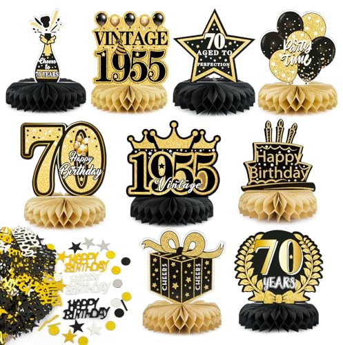 BETESSIN 70. Geburtstag Deko Männer Schwarz Gold - inkl. 9 Stück Bienenwabe Mittelstück und 15g Happy Birthday Konfetti - Tischdekoration zum 70. Geburtstag für Männer und Frauen