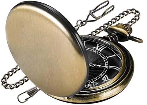 Realpoo Bronze Cover Roman Silver Men's Quartz Pocket Watch, Black Roman Digital Dial with Chain, Smooth Quartz Pocket Watches -Bronze