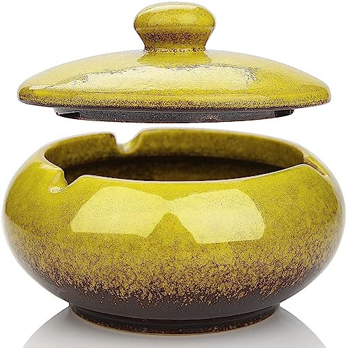 Cendrier Exterieur Mural avec Couvercle Cendriers Marocain Grand Modele Cendrier Anti Odeur Original Fermé de Table pour la décoration de la Maison des Fumeurs (Jaune)