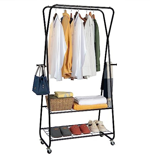 HOMASIS Porte-manteau avec roulettes verrouillables, double barre et 2 étagères, 4 crochets, armoire de jour métal pour chambre à coucher, balcon