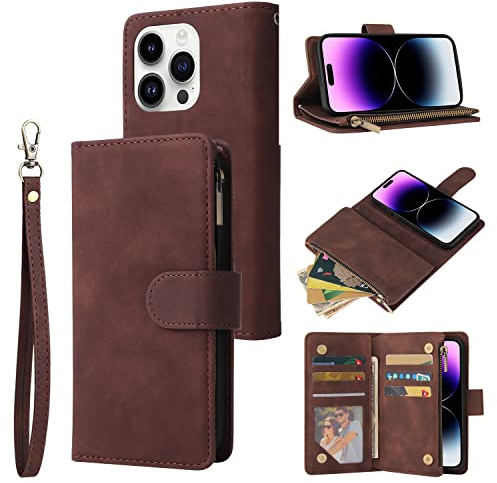 QLTYPRI Case for iPhone 15 Pro Max 6.7 inch, Large Capacity Leather Wallet Case 6 Card Holder & 1 Zipper Pocket Kickstand Wrist Strap Magnetic Case for iPhone 15 Pro Max - Coffee Brown