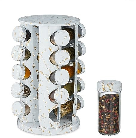 Relaxdays Gewürzkarussell, 20 Gewürzgläsern, Streueinsatz, 360° drehbar, Gewürzbar, HxD 33,5 x 19 cm, Marmoroptik, weiß