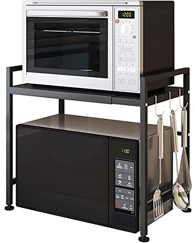 HUOLE Meuble Rangement de Cuisine Support Four Micro-Ondes avec 2 Niveaux d'étagère Extensible en Hauteur & Largeur- avec 3 Crochets Parfaits (40/64 * 45 * 36,5 cm-Noir)