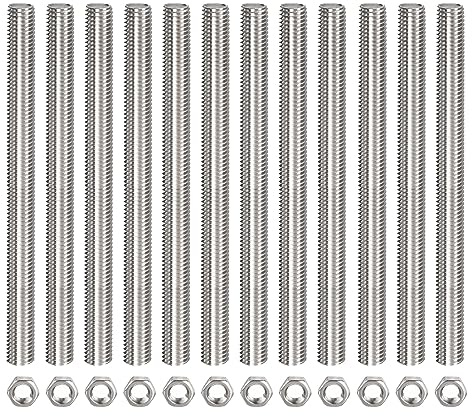 QUARKZMAN 12 Stück M10 x 200mm Voll Gewindestange 304 Edelstahl Gewindestangen Rechtshänder Gewindestäbe Gewindestifte Stabbolzen mit 12 Stück Sechskantmuttern 1.5mm Gewinde Abstand