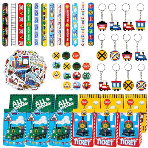 BGNXHYB Train Party Bags, Train Party Accessories, Train Birthday Party Accessories, Train Birthday Party Bags, Includes Gift Bags, Slap Bracelets, Key Fob Stickers, Pack of 86