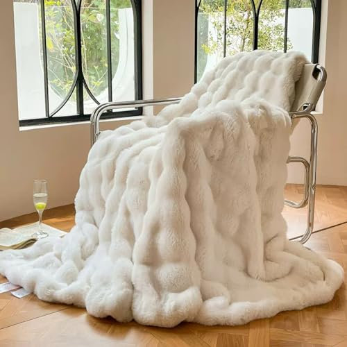 DREAMLANDING Couverture en fausse fourrure de lapin Sherpa réversible, chaude, confortable et moelleuse pour lit, canapé, décoration d'intérieur (crème, 130 x 150 cm)