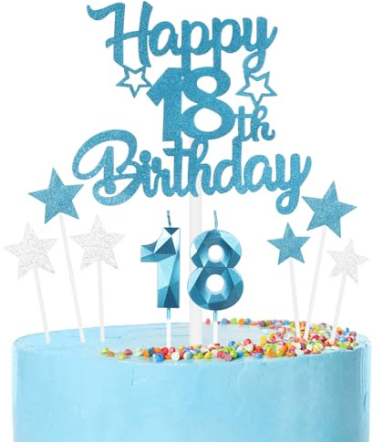 mciskin Happy 18th Birthday Candles Cake Toppers Set, Blue Number 18 Candle for Birthday Cake, Birthday Candles Cake Toppers for Girls Boys Birthday Decorations, Blue Silver Star Cake Cupcake Toppers