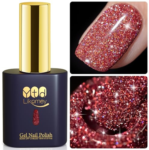 YTD Likomey Smalto Semipermanente per Unghie in gel,15ml Rosso Intenso Glitterato Riflettente Glitter Colori Smalti Semipermanenti per Unghie,Olografico Brillante del UV Gel