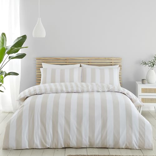Catherine Lansfield Cove - Set copripiumino reversibile con federe, per letto king size, motivo a righe, colore: naturale