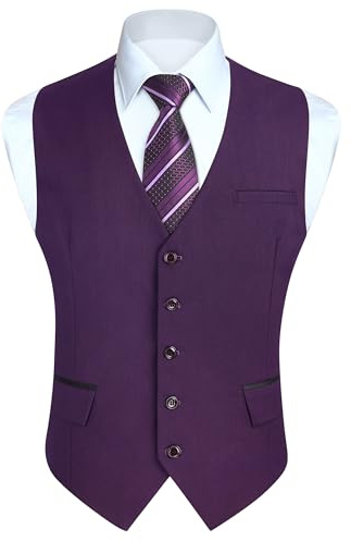 HISDERN Gilets violets Hommes Gilet de mariage classique Gilet de costume de smoking avec poches de mode Coupe régulière XS