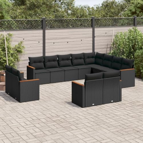 Rantry 12-TLG. Garten Sofagarnitur mit Kissen Gartensofa mit Stauraum Gartenlounge Loungesofa Gartenmöbel Balkonmöbel Rattansofa Ecksofa Loungemöbel Sitzgruppe Gartenset Schwarz Poly Rattan