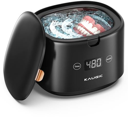 KAUGIC Ultrasonic Retainer Cleaner, 230ML Portable Retainer Cleaner Ultrasonic Machine, 30W/45kHz Ultrasonic Cleaner for Retainer, Denture, Mouth Guard, Jewelry-Black
