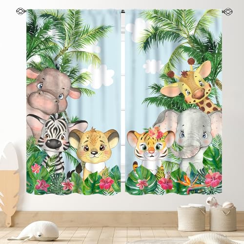 Cortinas infantiles con diseño de animales del bosque, acuarela, bosque, safari, animales salvajes, león, elefante, jirafa, vida silvestre, tratamientos de ventana para bebés, niños, niñas,