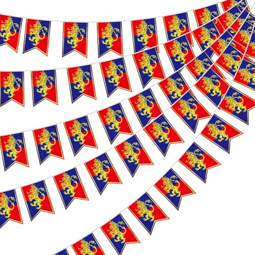 Hestya 5 Pcs 49ft Medieval Party Decorations Fantasy Pennant Banners with Lion Design Knight Bunting Banner Garland Hanging Decorations Photo Prop for Fairytale Birthday Party Decor Supplies