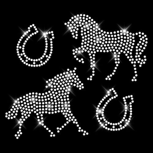 Glitzerdeals Bügelbilder Karneval Strass Pferde und Hufeisen Aufbügler für Textilien Pferd Bügelmotiv Hufeisen Strass Bügelbild Reiten 2 Pferde 2 Hufeisen