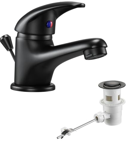 Wasserhahn Bad mit Zugstange Ablaufgarnitur, Mini Einhebel-Waschtischarmatur Schwarz, Einhandmischer Armatur Badarmatur Mischbatterie mit Auslauf Höhe 45mm, für kleine Waschbecken Badezimmer/Gäste WC