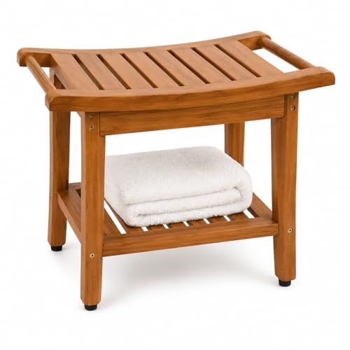 Divero Teak Holz Badhocker TICAO aus Premium Teakholz | Hocker mit Handtuchhalter und Ablagefläche, behandelt, braun, 47x34x56 cm, bis 100 kg belastbar