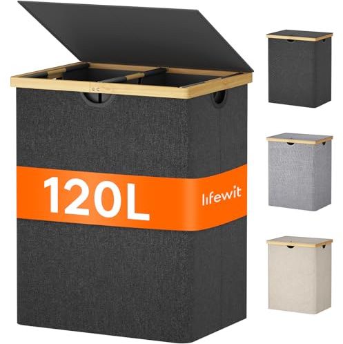 Lifewit 120 L dubbel tvättkorg med lock, stor tvättkorg i bambu, smutstvättkorg, 2 sektioner tvättkorg organiserare för tvättstuga sovrum med 2 avtagbara foder och väskor, mörkgrå