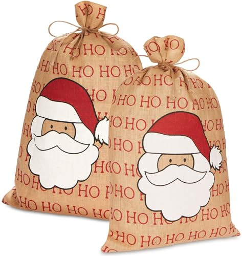 BRUBAKER 2er Set Weihnachtssack Santa - 80 cm Geschenksack für Weihnachten - Weihnachtsmann Ho Ho Ho - Nikolaussack aus Jute - Sack mit Kordel zum Verpacken von Geschenken