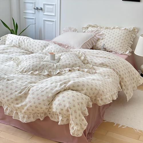 BuLuTu 100% Cotton Muslin Duvet Cover Twin for Kids Girls Boys, Shabby Chic Azalea Floral Duvet Covers Vintage Farmhouse Comforter/Quilt Cover with Ruffles, 68x86, Zipper Closure, No Pillow