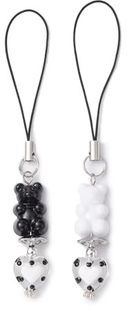 NONGYU Handyanhänger mit Bärenmotiv, bunt, handgefertigt, Glas, Herz, Handyanhänger, Schlüsselanhänger für Geldbörsen, Taschen, 2 Stück