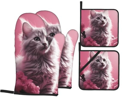 YYHHAOFA Tonalità rosa, motivo gatto, set da quattro pezzi – guanto da forno isolato e presine per una protezione spessa e durevole anti-scottatura
