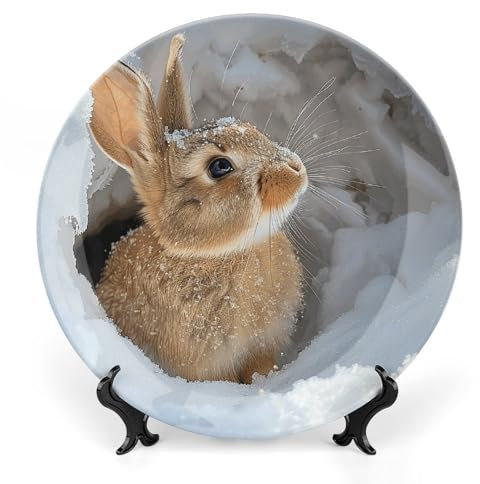 QWJKM Bone China Decorative Plates with Display Light Brown Rabbit Salad Plates Porcelain Dessert Plates Serving Dishes Art Decor Ornament for Living Room Table Kitchen 7.1 Inch