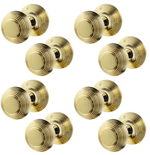 EAI Polished Brass Door Knobs, 4 Pairs - Beehive | 4 Pairs of Beehive Mortice 55mm Door Knobs for Internal Doors, Fixings Included
