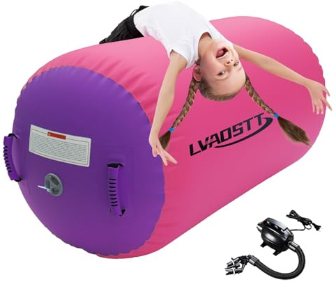 Gymnastics Tumbling Equipment Inflatable Air Roller Balance Cylinder with Pump, 0.6mm High-Density PVC, Air Barrel Trainer for Back Handspring, Cheerleading, Yoga & Gym Multiple Sizes 2.6FT–4FT Length