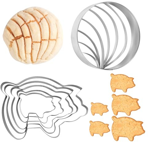 6st Concha Cutter, Rostfritt Stål Mexikansk Brödform med 5 Storlekar Pig Cookie Cutter Tvåsidig Concha Cutter Stämpel för Bröd Cookie Cake Biscuit (2 Stilar)