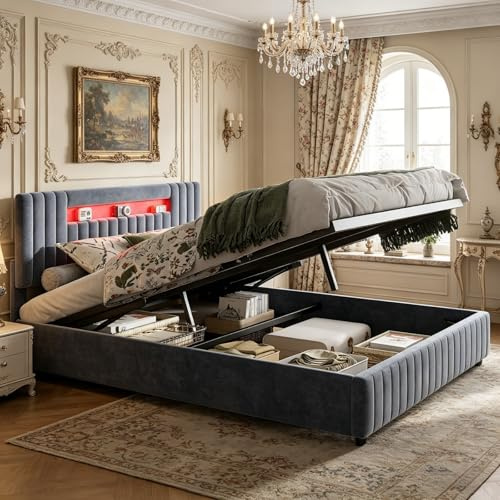 JiaOyu Polsterbett 160x200cm mit USB-Ladeanschlüssen & LED-Beleuchtung, Hydraulisches Stauraumbett für Jugendzimmer, Jugendbett Familienbett mit Kopfteil, Samt, ohne Matratze (160x200cm)