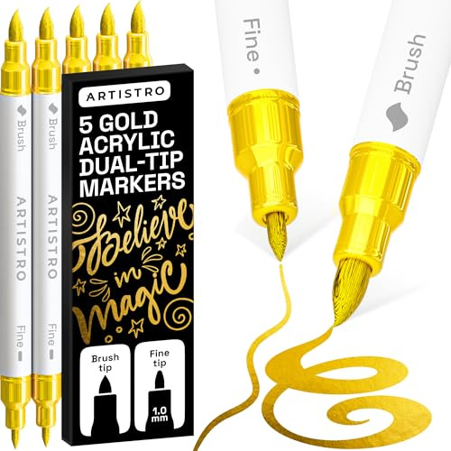ARTISTRO 5 Gold Acrylic Paint Pens – Dual Tip (Brush & Fine) Markers for Fabric, Canvas, Rock, Glass, Wood – Calligraphy, Scrapbook Supplies DIY & Gift for Kids, Teens - Art Set