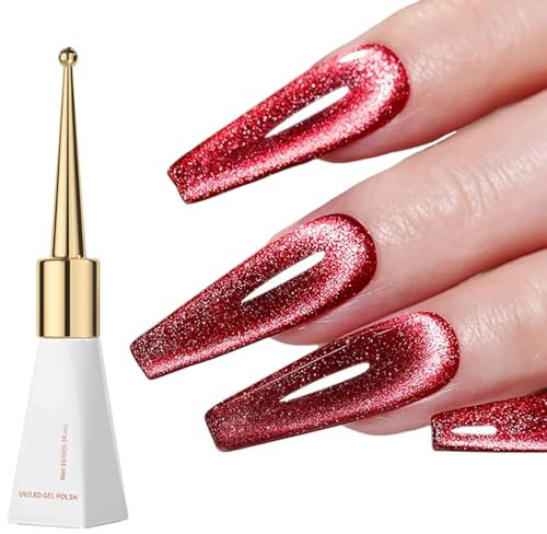Dark Red Cat Eye Gel Nail Polish, Glitter Polish Cherry Red Gel Nail Polish Soak off UV/LED Holographic Polish for Nail Art Manicure Salon DIY at Home