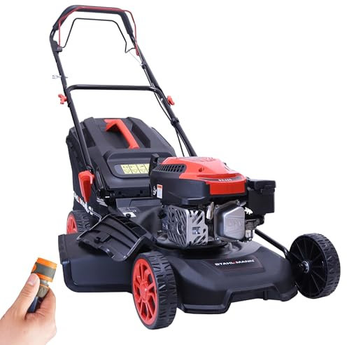 STAHLMANN Rasenmäher Benzin mit Antrieb BR460 – 5,4PS (4,0kW) 170ccm mit Antrieb, 46cm Schnittbreite, Mulchen, Schnitthöhenverstellung, Easy Clean Anschluss, Große Räder, 60L Korb