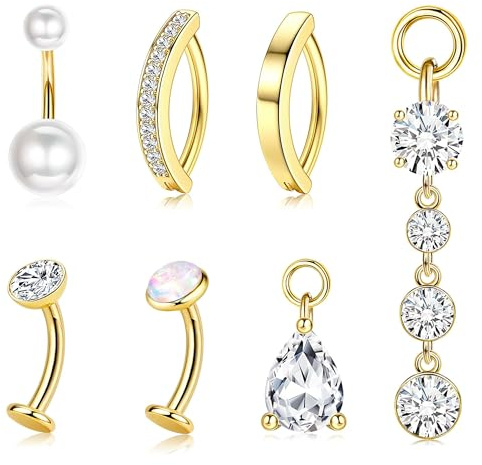 Morfetto Guld kirurgiskt stål navel piercing - hypoallergen 14G piercing navel ring litet hänge clicker CZ Belly Button-ring guld 10 mm 12 mm, 14G, Rostfritt stål