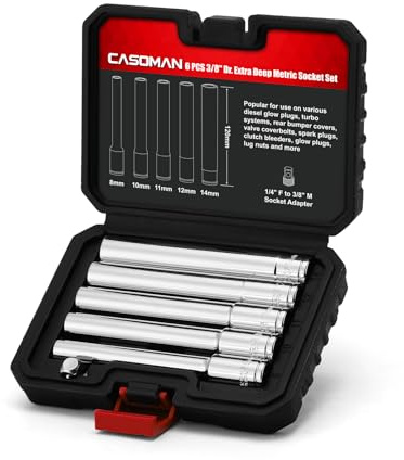 CASOMAN 6PCS 3/8-Inch Drive Extra Deep Metric Socket Set, 6 Point, 8mm, 10mm, 11mm, 12mm, 14mm, 1/4 F to 3/8 M Adapter, 120MM Deep CR-V Socket for Automotive and Industrial Applications