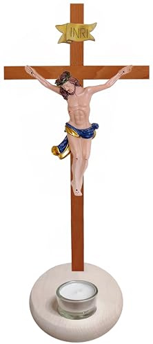 Kaltner Präsente Geschenkidee – Holzkreuz Teelichthalter Standkreuz Kruzifix aus Echtholz Buche und Ahorn mit Teelicht Kreuz Eiche mit Jesus Christus Figur aus Kunststein handbemalt (Höhe 35 cm)