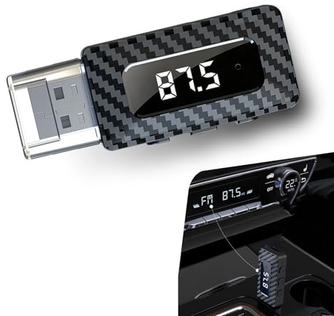 Polcatay Car USB Bluetooth Receiver, HD LED Display FM Transmitter Audio Adapter, DC 5V Plug and Play Adjustable Frequency Bluetooth Receiver with AUV Connector, for Most Cars Home (Black)
