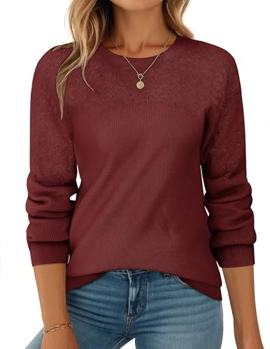 Zeagoo Maglione da Donna in Maglia Elegante Pullover A Maniche Lunghe con Scollo Rotondo Maglione all'Uncinetto Pullover A Coste Rosso Vino L