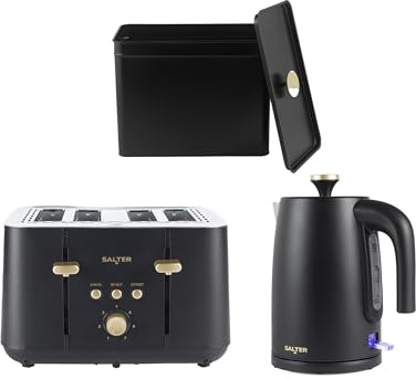 Salter Alchemy Kettle, Toaster & Bread Bin Set - 4-Slice Toaster with 7 Levels of Browning, BPA-Free 1.7L Electric Kettle with 3kW Rapid Boil, Carbon Steel-Coated Bread Bin with Lid, Black/Gold