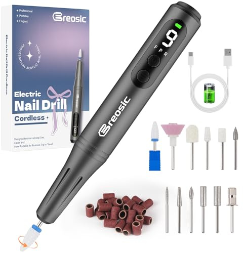 Breosic Electric Nail Drill,12-in-1 Nail File Portable 35000RPM,USB-Rechargeable Cordless Nail Drill Professional with 9-Speed & LED Display Manicure Pedicure Nail Kits forGel Nails & Acrylic(Gray)