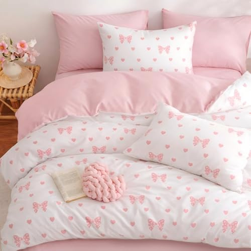 Freyamy Schleife Bettwäsche 135x200 Rosa Weiß Schleifen Herz Bettwäsche Set | Mädchen Wendebettwäsche, Microfaser ÖKO-TEX Bettwäsche-Sets, 1 Bettbezug mit Reißverschluss und 1 Kissenbezug 80x80cm