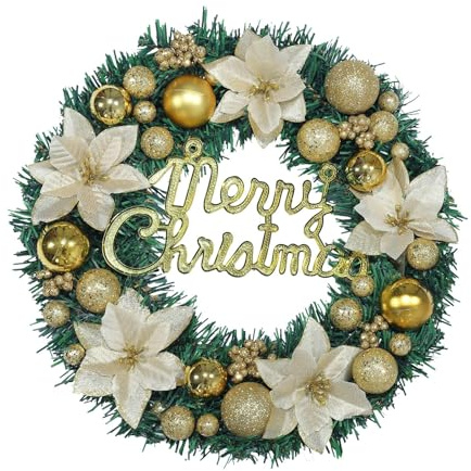 Goldener Weihnachtskranz Tür 35 cm – festlicher türkranz weihnachten mit Glöckchen, Kugeln & Schleife – luxuriöse Weihnachtsdeko Tür für Wohnzimmer, Haustür & Büro – eleganter weihnachtstürkranz